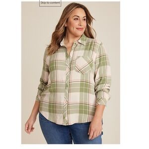maurices Plaid Button Down Shirt Green Pink Cream Long Sleeve Casual Women sz 2